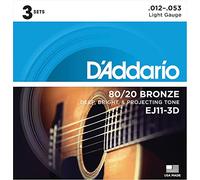 D'Addario Corde Chitarra - Corde per chitarra acustica - Bronzo 80/20 - Per chitarra a 6 corde - Tono profondo, luminoso e proiettato - EJ11-3D - Leggero, 12-53 (confezione da 3)