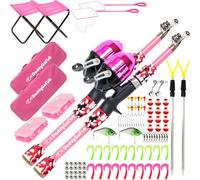 DaddyGoFish Kids Canna da pesca Telescopica Spincast Combo Sedia pieghevole Portacanna Tackle Box Bait Net Ragazzi ragazze - 2 pacchi, Rosa + Rosa, 4ft