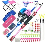 DaddyGoFish Kids Canna da pesca Telescopica Spincast Combo Sedia pieghevole Portacanna Tackle Box Bait Net Ragazzi ragazze - 2 pacchi, Blu + Rosa, 4ft