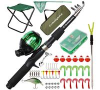 DaddyGoFish Kids Fishing Pole - Telescopic Rod & Reel Combo with Collapsible Chair, Rod Holder, Tackle Box, Bait Net And Carry Bag for Boys And Girls - Green, 5