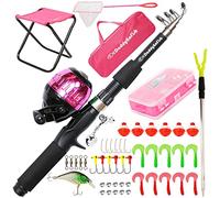 DaddyGoFish Kids Fishing Pole - Telescopic Rod & Reel Combo with Collapsible Chair, Rod Holder, Tackle Box, Bait Net And Carry Bag for Boys And Girls - Pink, 5