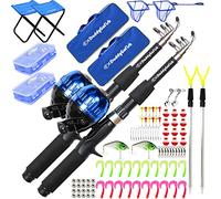 DaddyGoFish Kids Fishing Pole - Telescopic Rod & Reel Combo with Collapsible Chair, Rod Holder, Tackle Box, Bait Net And Carry Bag for Boys And Girls - 2 Pack, Blue + Blue, 5