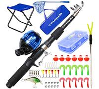 DaddyGoFish Kids Fishing Pole - Telescopic Rod & Reel Combo with Collapsible Chair, Rod Holder, Tackle Box, Bait Net And Carry Bag for Boys And Girls - Blue, 5