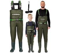 DaddyGoFish Wader pettorale per bambini e adulti, Wader da pesca e da caccia con tasca e gancio per trampoliere, Verde - Età 7-8 anni