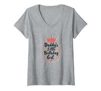 Daddy's Little Birthday Girl Dad of The Birthday Girl Crown Maglietta con Collo a V, Donna, Grigio Melange, XXL