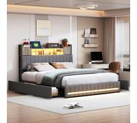 DADEA Letto Cassettone 140x190 con 4 Cassetti, Letto Matrimoniale 140×190 con LED e USB, Letti Matrimoniali Imbottiti con TestieraLetto Imbottito Matrimoniale conContenitore, Nessun Materasso