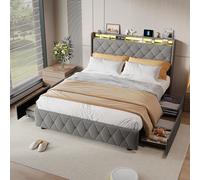 DADEA Letto Cassettone 140x200 con 4 Cassetti, Letto Matrimoniale 140×200 con LED e USB, Letti Matrimoniali Imbottiti con TestieraLetto Imbottito Matrimoniale conContenitore, Nessun Materasso