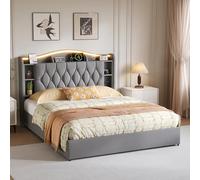 DADEA Letto Imbottito 140×190 con Cassaforte, Letto Matrimoniale Contenitore 140×190 con LED USB, Letti Matrimoniali Imbottiti con TestieraLetto Contenitore Imbottito con Stoccaggio Letti Imbottiti