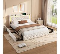 DADEA Letto imbottito 140 x 190 con 4 cassetti, letto imbottito 140 x 190 con LED USB, letto matrimoniale imbottito con illuminazione telaio Delit Cassetto con testiera da adulto, 2 posti, senza