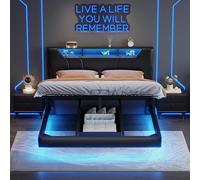 DADEA Letto Matrimoniale 160 x 200 cm con Rete, LED, USB e Ripostiglio, Testiera Imbottita, Nero