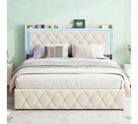 DADEA Letto Matrimoniale Contenitore 160x200 con LED e USB, Letto Imbottito 160x200 con Contenitore, Letti Matrimoniali Imbottiti con Cassaforte LettoContenitore con Testiera, Nessun Materasso