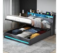 DADEA Letto Matrimoniale Contenitore 160x200 con LED e USB, Letto Imbottito 160x200 con Contenitore, Letti Matrimoniali Imbottiti con Cassaforte LettoContenitore con Testiera, Nessun Materasso