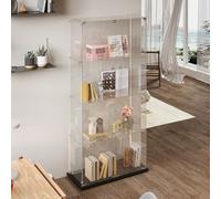 DADEA Vetrina in Vetro a 4 Ripiani 2 Porta, Vetrine di Vetro con Serratura e 6 Ruote, 35 x 78.5 x 163cm, Vetrinetta inVetro con LEDVetrinetta Espositiva a Colonna Vetrina Soggiorno Trasparente