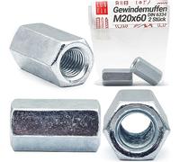 Dadi di giunzione M 20 x 60 mm DIN 6334, dado di collegamento lungo esagonale in acciaio zincato classe 5, manicotti per barre filettate, bulloni e dadi, confezione da 2 Pezzi, Lun Fix