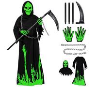 DaengGeGe Costume Mietitore,Luminoso Costume Morte Bambino,Costume morte Bambino,Costume Falce Tristo Mietitore Mantello con Cappuccio Guanti Falce Decorazione di Carnevale Festa Cosplay(M