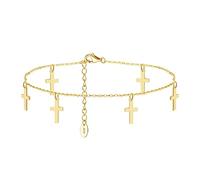 Daesar Cavigliere Donna Argento 925, Cavigliera Ragazza Catena A Strato Singolo con Pendente Croce Oro, 26 CM