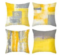 Daesar Federe Letto Decorative, Federe Quadrate Letto Giallo Grigio Bianco Federa x Cuscino 40x40 CM 4 Pezzi Reticolo A Strisce, Fodera Poliestere