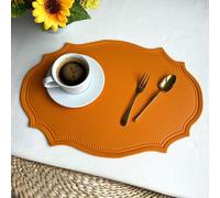 Daesar Tovagliette Cucina, Set di 6 Tovaglietta Americana Lavabile Ovali Tinta Unita Irregolare PVC Pelle Tovagliette Resistenti al calore, per Tavolo da Cucina, Arancione, 43x29.5CM