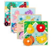 DAGLLGEW 4 Pezzi di Puzzle per Bambini di 2 Anni, Fattoria, Dinosauri, Frutta e Creature Marine, Puzzle in Legno, Giocattoli educativi Montessori, Regali per Bambini Piccoli in Legno