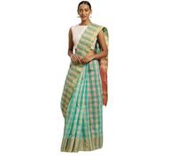DAGLOR Sari in seta Zari Art a quadretti verde mare e rosso - 17733724, Verde marino., Etichettalia unica