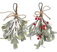 DAHI 2 Pezzi Rami di Vischio Natalizio da Appendere, Decorazione con Bacche, Steli di Vischio Artificiale, con Glitter, Decorazione da Appendere (A-Bianco rosso)
