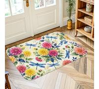 Dahlia Area Tappeto, Primavera Naturale Libellula Floreale Primavera Giallo Basso Pile Spugna Estetica Zerbino Rettangolare Accenti Tappeto Bagno Ingresso Comodino Lavanderia Decor 2 'X 3'