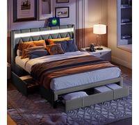 DAHUEN 160 x 200 cm, letto imbottito con illuminazione a LED e porta USB, letto con 4 cassetti, letto con cassetta, struttura del letto con vano portaoggetti, letto matrimoniale, lino, senza materasso