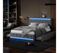 DAHUEN Letto 140 x 190 con rete LED e USB, letti matrimoniali imbottiti con 4 cassetti, letto matrimoniale, letto matrimoniale imbottito con ampio stoccaggio, letto con cassetti per adulti e