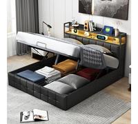 DAHUEN Letto 160 x 200 cm con rete LED e USB, letto baule 160 x 200 cm con contenitore e testiera per letti, letti matrimoniali con rete a listelli, letto 2 persone, PU, nero