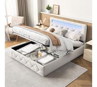 DAHUEN Letto 160 x 200 con rete a LED, letto cassettiera con contenitore e testiera regolabile, velluto, bianco (senza materasso) (160 x 200)