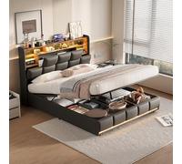 DAHUEN Letto baule 160 x 200 cm con illuminazione a LED, letto matrimoniale imbottito con porte di ricarica USB, telaio letto con idraulica, letto imbottito con testiera di stoccaggio, PU, nero (160 x