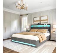 DAHUEN Letto con vano portaoggetti 160 x 200 cm, letto matrimoniale con 4 cassetti e illuminazione a LED, letto per ragazzi con USB e Type-C, letto funzionale con rete a doghe, lino, grigio (grigio