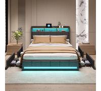 DAHUEN Letto Contenitore Matrimoniale 160x200cm, Lettos Imbottito con Illuminazione LED, 4 Cassetti, Stazione di Ricarica (grigio-C, 160x200cm)