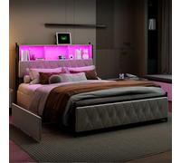 DAHUEN Letto Contenitore Matrimoniale 160x200cm, Lettos Imbottito con Illuminazione LED, 4 Cassetti, Stazione di Ricarica, Testiera con Vano Portaoggetti (beige, 160x200cm)