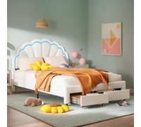 DAHUEN Letto imbottito 140 x 200 cm con cassetto portaoggetti, testiera regolabile in altezza a forma di fiore, letto matrimoniale per ragazza con LED e rete a doghe in velluto, bianco (140 x 200 cm)