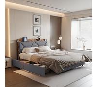DAHUEN Letto imbottito 160 x 200 cm con 4 cassetti, testiera con vano portaoggetti estraibile, forte capacità di carico, letto matrimoniale in metallo con rete a doghe, letto di stoccaggio, materiale