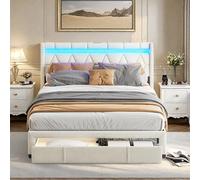 DAHUEN Letto imbottito 160 x 200 cm, con vano portaoggetti, letto matrimoniale a LED, con cassetti, letto per ragazzi con USB/Type-C, telaio imbottito con rete a doghe (beige-lino, 160 x 200)