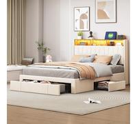 DAHUEN Letto imbottito 160 x 200 cm, con vano portaoggetti, letto matrimoniale a LED, con cassetti, letto per ragazzi con USB/Type-C, telaio imbottito con rete a doghe (velluto beige, 160 x 200)