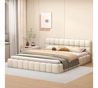 DAHUEN Letto imbottito Bubble Letto 160 x 200 cm, letto matrimoniale con rete a doghe e schienale morbido, piano con bordatura imbottita, letto per ragazzi con testiera, lino, senza materasso (bianco