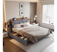 DAHUEN Letto imbottito in metallo, 160 x 200 cm, con 4 cassetti, vano portaoggetti con ripiani bifacciali, letto per ragazzi con USB/tipo C, letto matrimoniale con rete a doghe, grigio (acciaio grigio