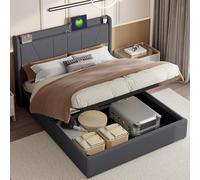 DAHUEN Letto Imbottito Matrimoniale 160x200 cm con USB Type C, Letto con Contenitore e rete a doghe, Lino, Grigio, Senza Materasso (Grigio, 160x200 cm)