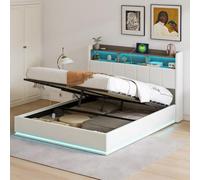 DAHUEN Letto Imbottito Matrimoniale 160x200 cm, Lettos Idraulico con Testiera Portaoggetti, Letto contenitore 160x200, Ricarica USB e Illuminazione a LED, Velluto, Bianco (Bianco, 160 x 200 cm)