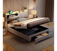 DAHUEN Letto matrimoniale 160 x 200 cm, con illuminazione a LED, letto imbottito con cassapanca e porte USB certificate, testiera con vano portaoggetti, struttura per letto con rete a doghe (colore