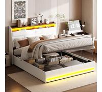 DAHUEN Letto matrimoniale 160 x 200 cm, con illuminazione a LED, letto imbottito con testiera e spazio di archiviazione idraulico, schienale idraulico, in poliuretano, senza materasso (bianco, 160 x