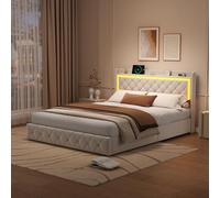 DAHUEN Letto matrimoniale imbottito 160 x 200 cm con 4 cassetti, letto baule con ricarica USB e illuminazione a LED, letto con cornice per testata con contenitore, per adulti, velluto, beige (Beige-B