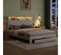DAHUEN Letto matrimoniale imbottito 160 x 200 cm, con 4 cassetti, letto funzionale con spina USB e illuminazione a LED, letto per ragazzi con spazio di archiviazione, struttura del letto con rete a
