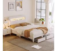 DAHUEN Letto matrimoniale imbottito 160 x 200 cm con cassetto, telaio letto in Teddy con stazione di ricarica USB, testiera regolabile e base per listelli, per adulti e adolescenti, velluto (bianco