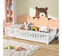 DAHUEN Letto per bambini 90 x 200 cm con protezione anti-caduta, letto a pavimento per bambini con rete a doghe e letti Montessori con barriera, legno massiccio pino, carico massimo 100 kg, bianco