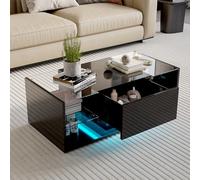 DAHUEN Tavolino da salotto lucido con illuminazione a LED, tavolo da soggiorno con scaffale aperto e 2 cassetti (nero B)