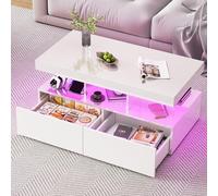 DAHUEN Tavolino da salotto, tavolino quadrato LED con 3 livelli e 2 cassetti, 104 x 53 x 46 cm (bianco) (bianco)